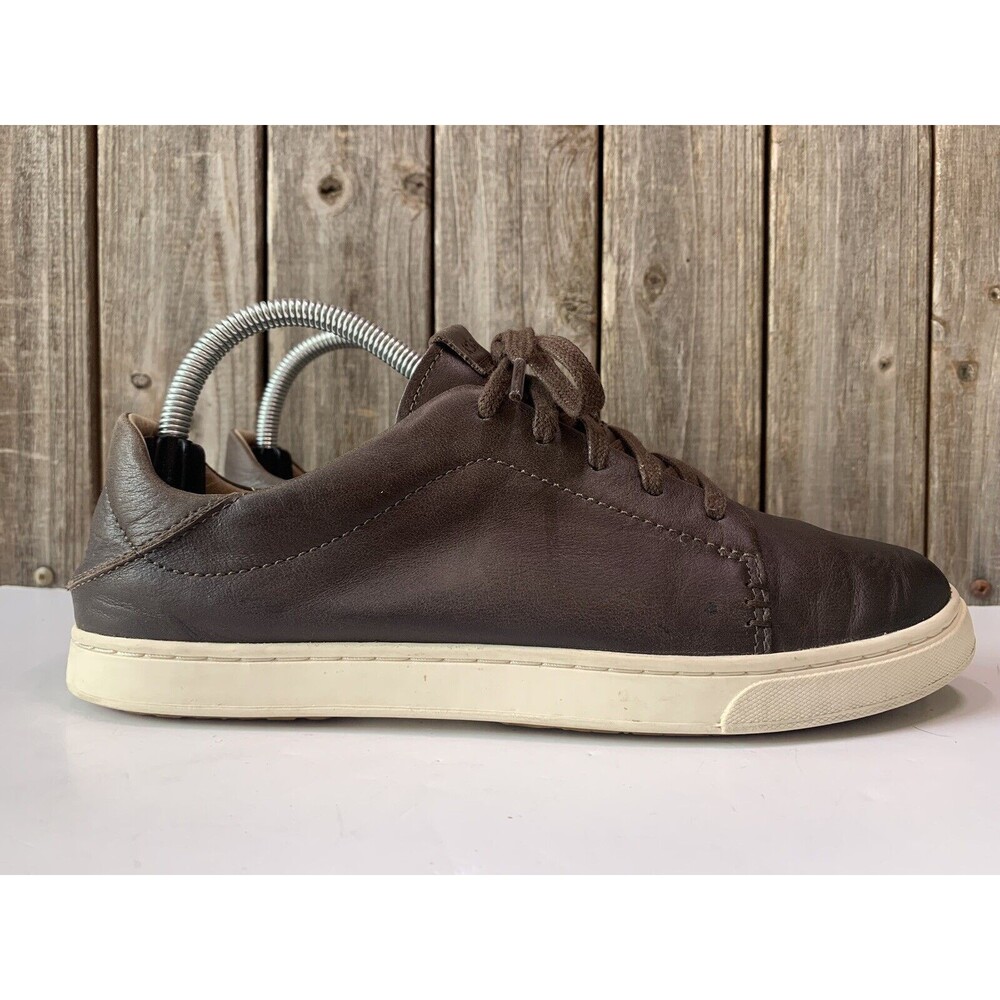 OluKai Men's Dark Brown Leather Low-Top Sneakers with Cream Sole